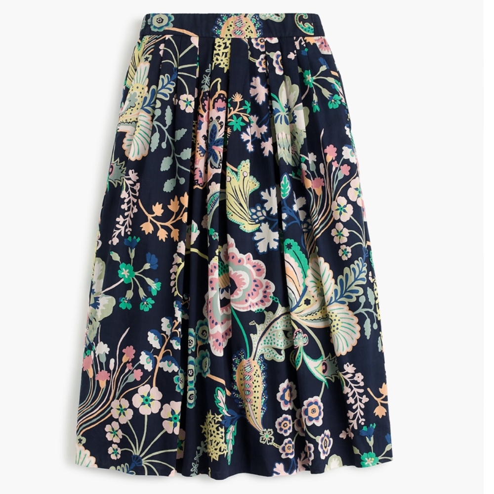 J. Crew Navy Midi Skirt with Pastel Floral Print